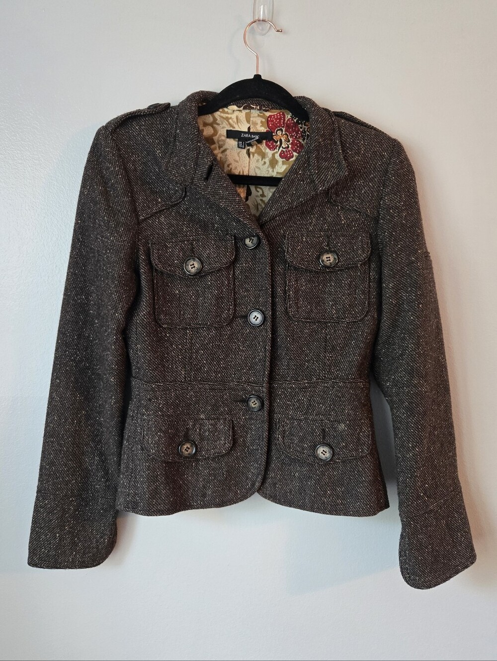 Zara Basic Wool Silk Blend Tweed Blazer Jacket Brown Floral Lining Cargo Size S